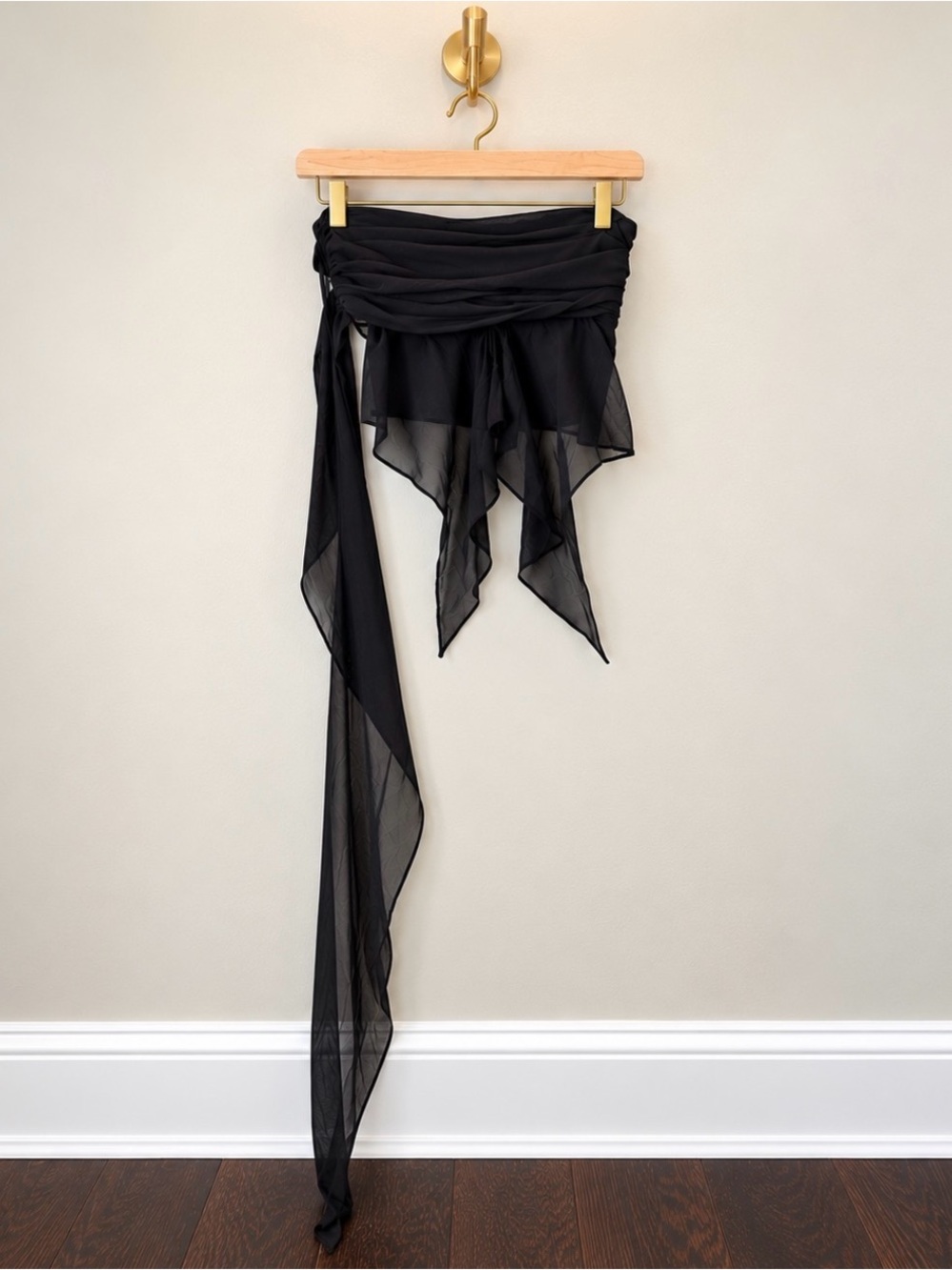 Guizio Black Sheer Chiffon Draped Tube Top Asymmetrical Wrap Sash Strapless